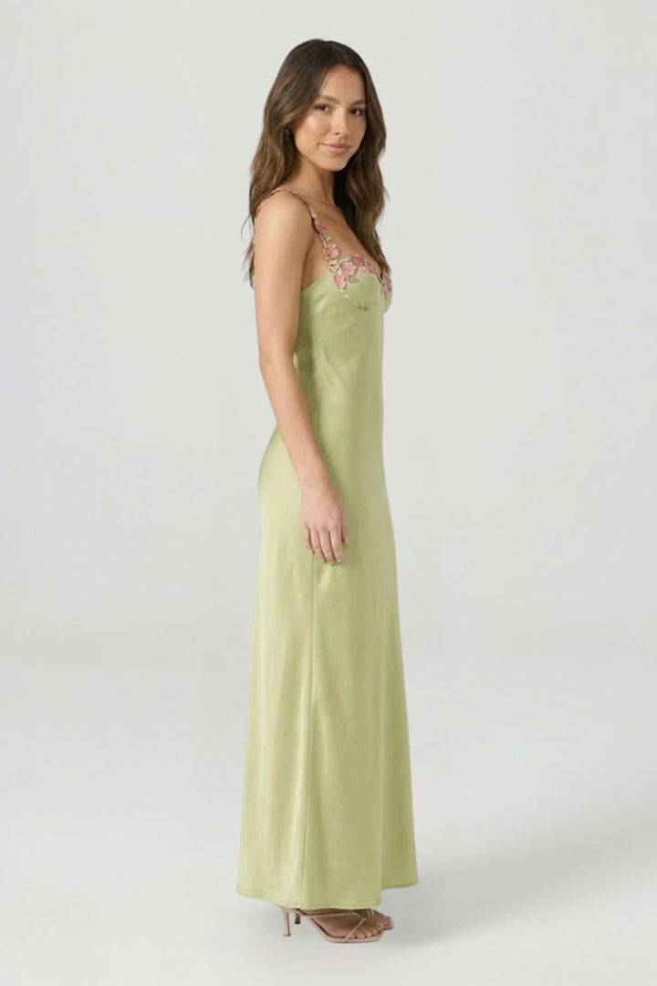 Genevieve Rosland | Floral Embroidered Satin Maxi Dress For Women