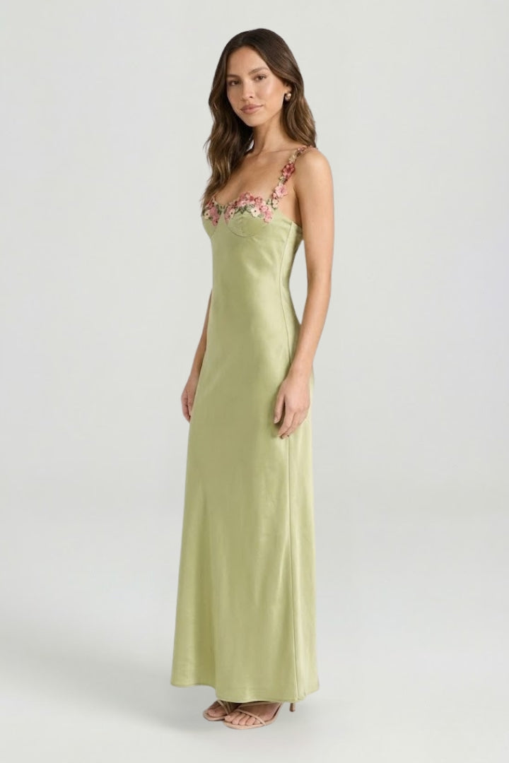 Genevieve Rosland | Floral Embroidered Satin Maxi Dress For Women