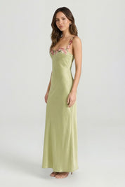 Genevieve Rosland | Floral Embroidered Satin Maxi Dress For Women