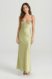 Genevieve Rosland | Floral Embroidered Satin Maxi Dress For Women