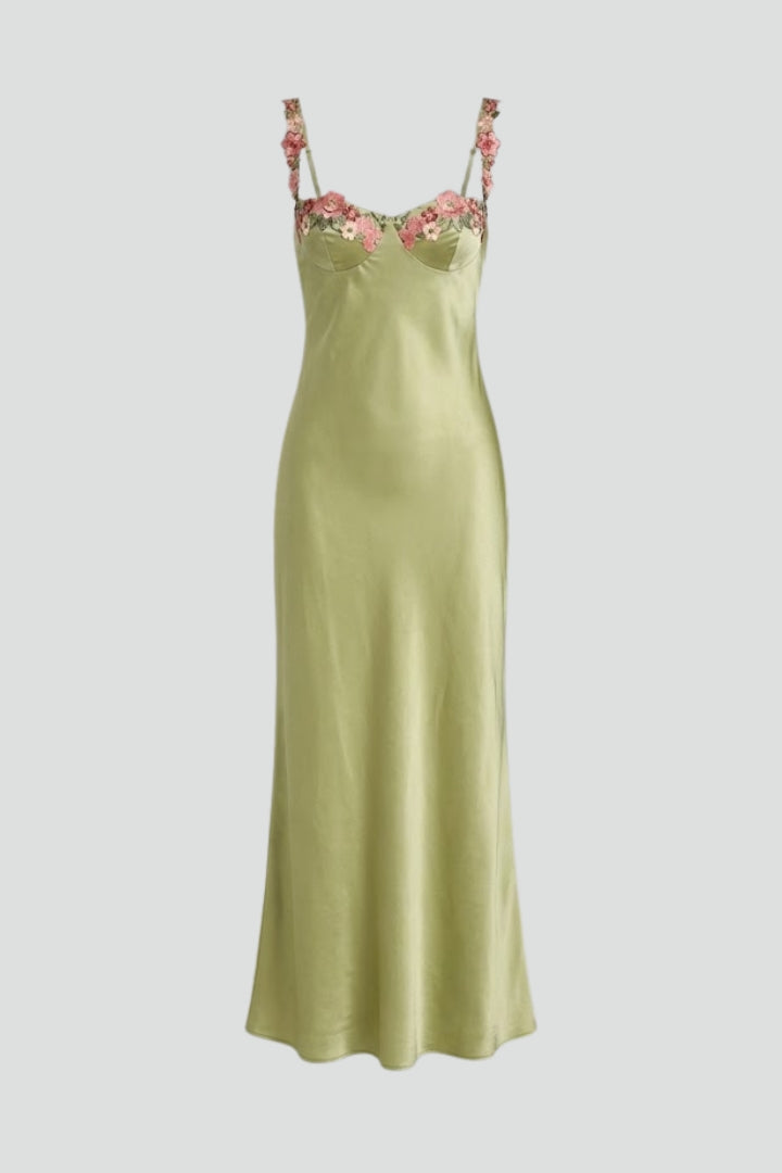 Genevieve Rosland | Floral Embroidered Satin Maxi Dress For Women