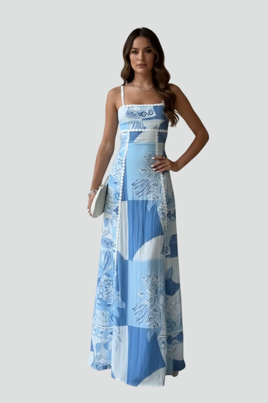 Margot Bellingham | Blue Floral Print Sleeveless Maxi Dress For Women