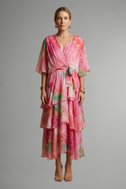 Daphne Rosslyn | Floral Print Tiered Wrap Midi Dress For Women