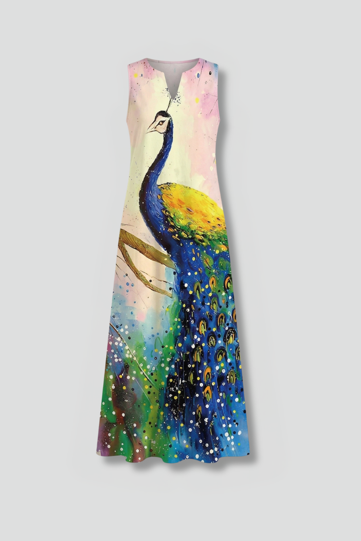 Genevieve Marlowe | Peacock Print Sleeveless Maxi Dress For Women