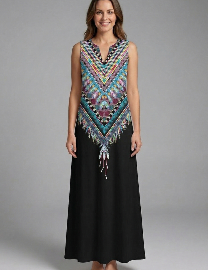 Genevieve Marlowe | Peacock Print Sleeveless Maxi Dress For Women