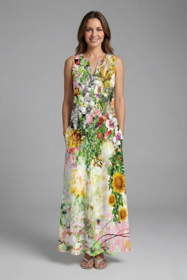 Genevieve Marlowe | Peacock Print Sleeveless Maxi Dress For Women