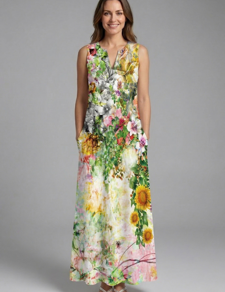 Genevieve Marlowe | Peacock Print Sleeveless Maxi Dress For Women