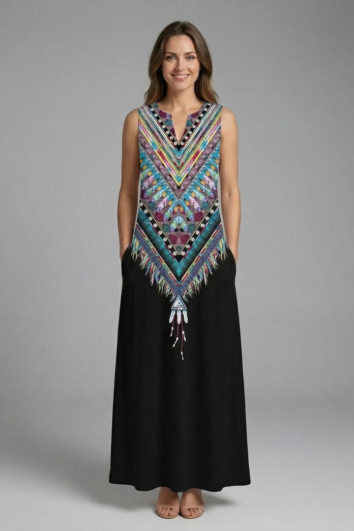 Genevieve Marlowe | Peacock Print Sleeveless Maxi Dress For Women