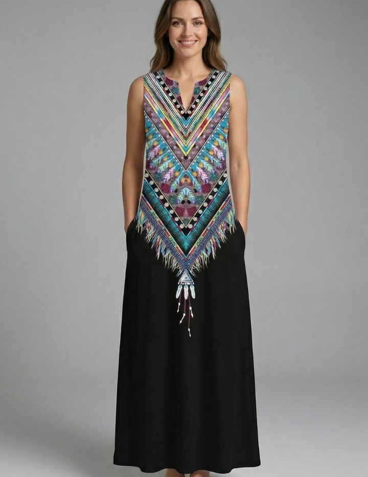 Genevieve Marlowe | Peacock Print Sleeveless Maxi Dress For Women