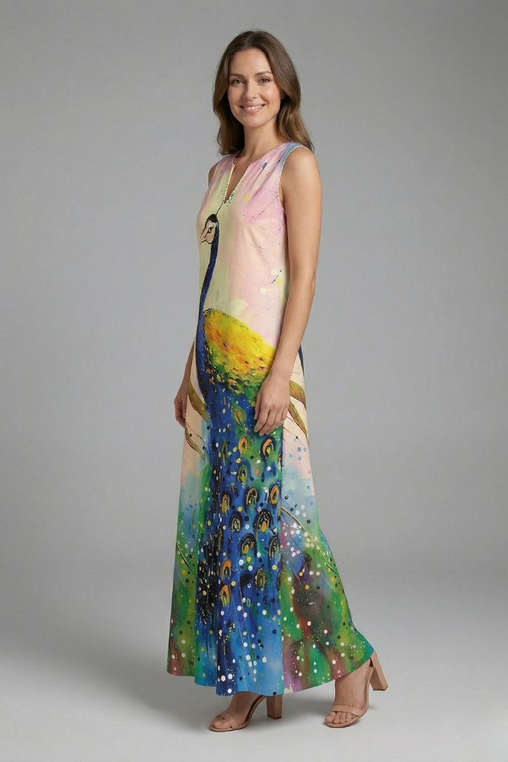 Genevieve Marlowe | Peacock Print Sleeveless Maxi Dress For Women