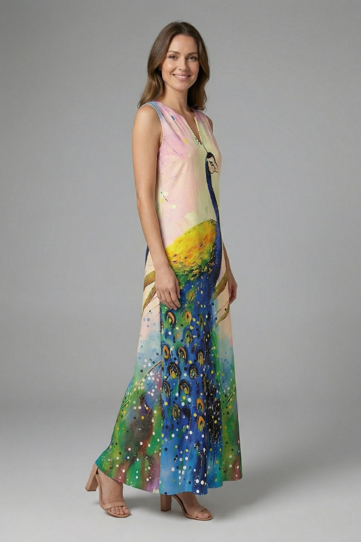 Genevieve Marlowe | Peacock Print Sleeveless Maxi Dress For Women