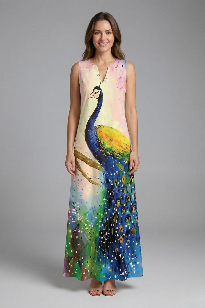 Genevieve Marlowe | Peacock Print Sleeveless Maxi Dress For Women