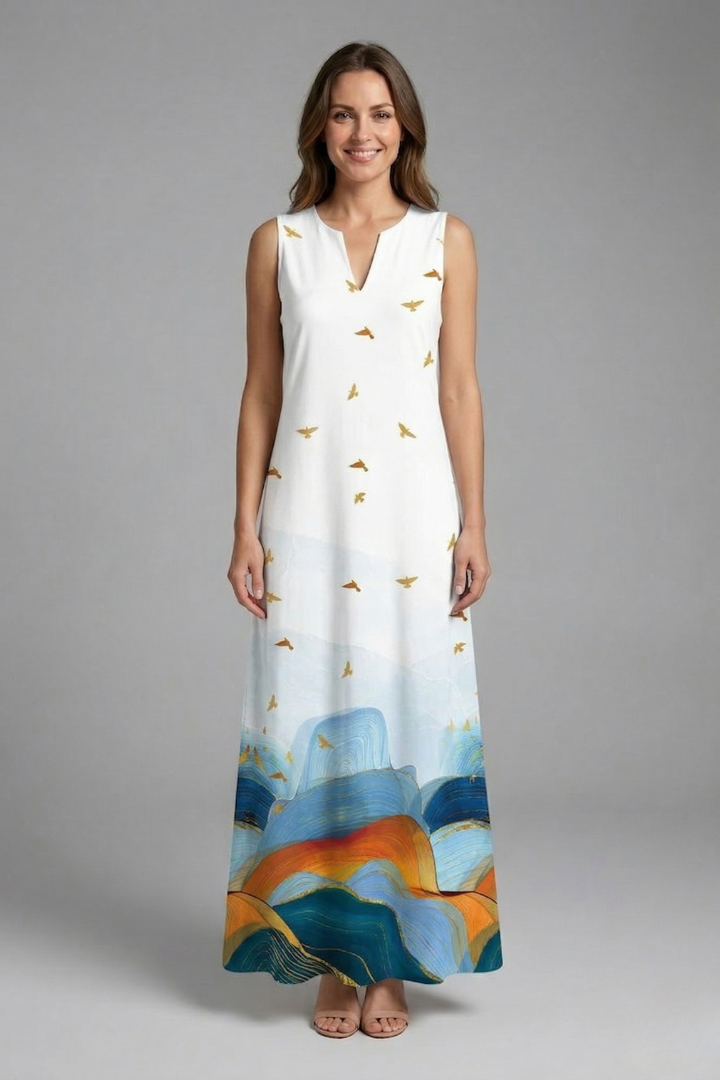 Genevieve Marlowe | Peacock Print Sleeveless Maxi Dress For Women