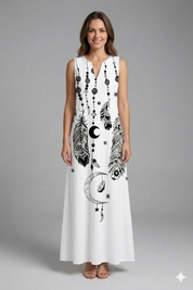 Genevieve Marlowe | Peacock Print Sleeveless Maxi Dress For Women