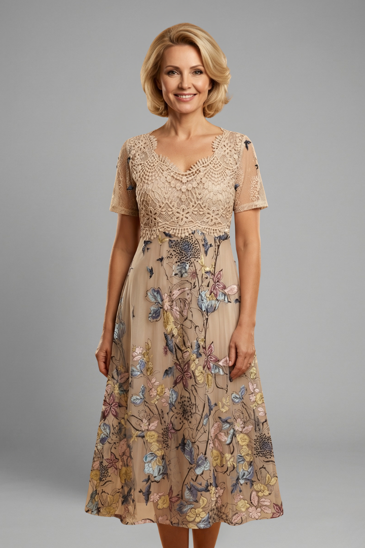 Beatrix Lourdes | Floral Embroidered Lace Midi Dress For Women