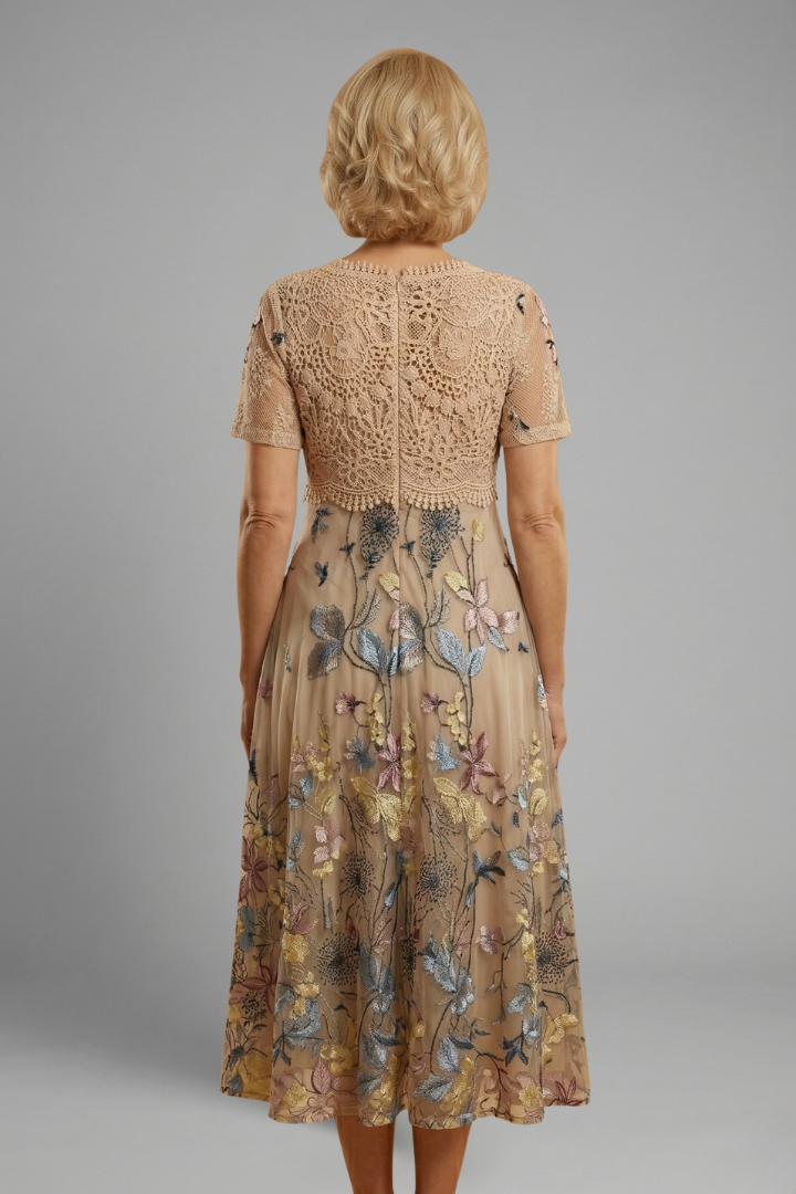 Beatrix Lourdes | Floral Embroidered Lace Midi Dress For Women