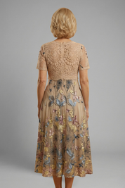 Beatrix Lourdes | Floral Embroidered Lace Midi Dress For Women