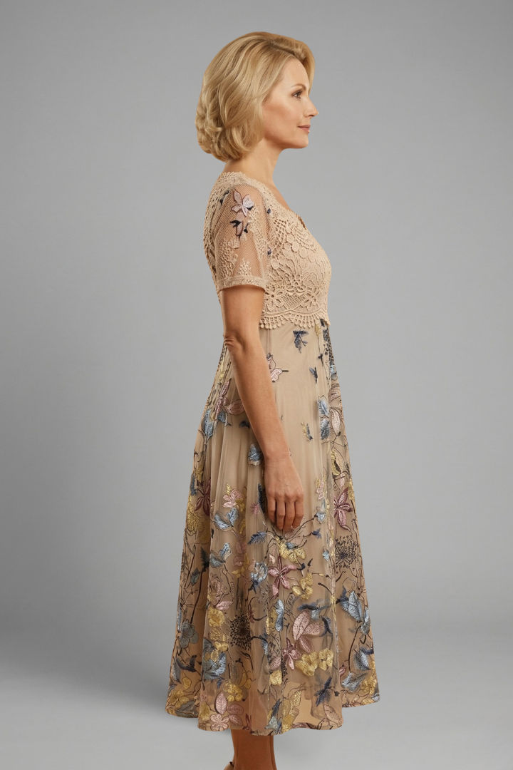 Beatrix Lourdes | Floral Embroidered Lace Midi Dress For Women