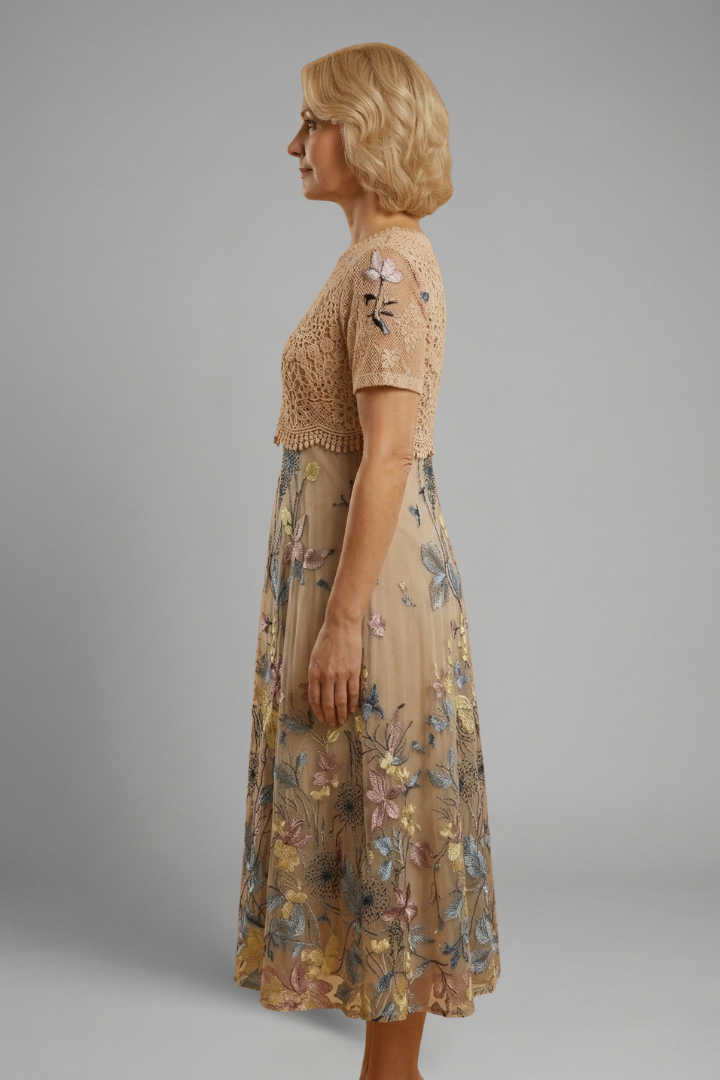 Beatrix Lourdes | Floral Embroidered Lace Midi Dress For Women