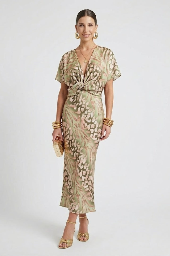 Theresa Callingham | Twist-Front Midi Dress in Botanical Print For Women