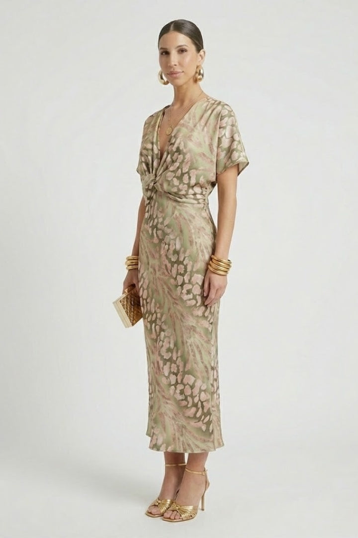 Theresa Callingham | Twist-Front Midi Dress in Botanical Print For Women