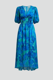 Camille Devereux | Floral Print Midi Dress with Puff Sleeves For Women