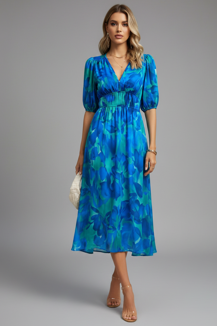 Camille Devereux | Floral Print Midi Dress with Puff Sleeves For Women