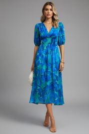 Camille Devereux | Floral Print Midi Dress with Puff Sleeves For Women