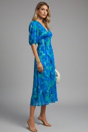 Camille Devereux | Floral Print Midi Dress with Puff Sleeves For Women