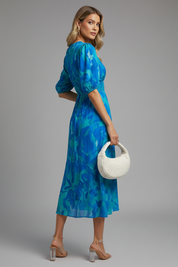 Camille Devereux | Floral Print Midi Dress with Puff Sleeves For Women