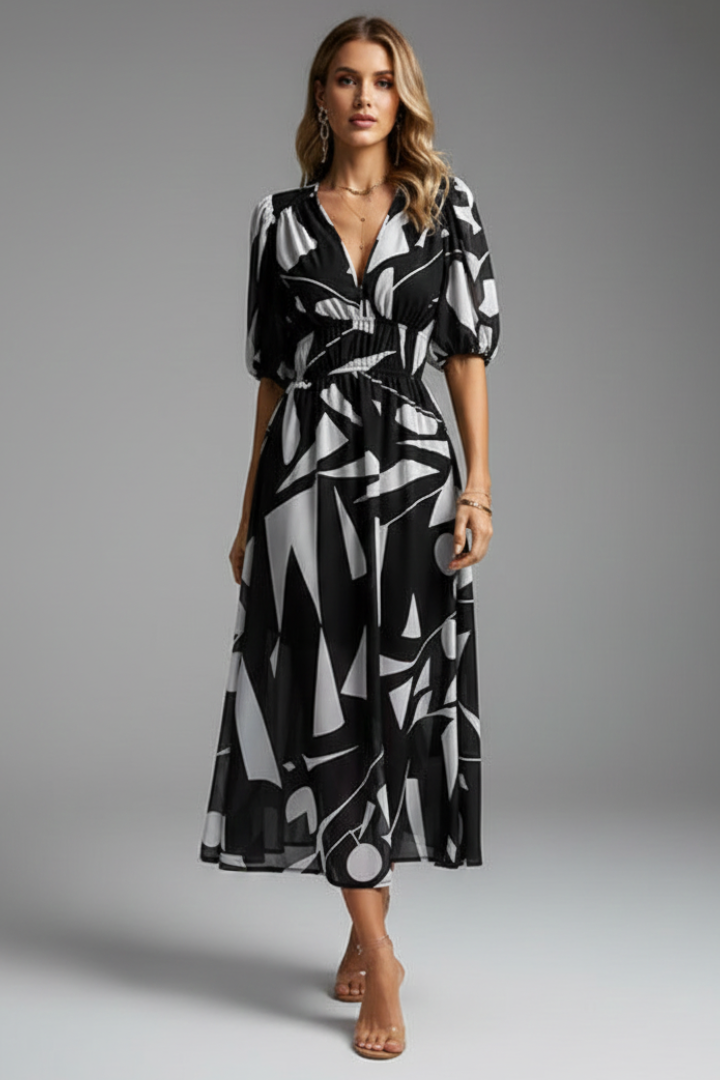 Camille Devereux | Floral Print Midi Dress with Puff Sleeves For Women