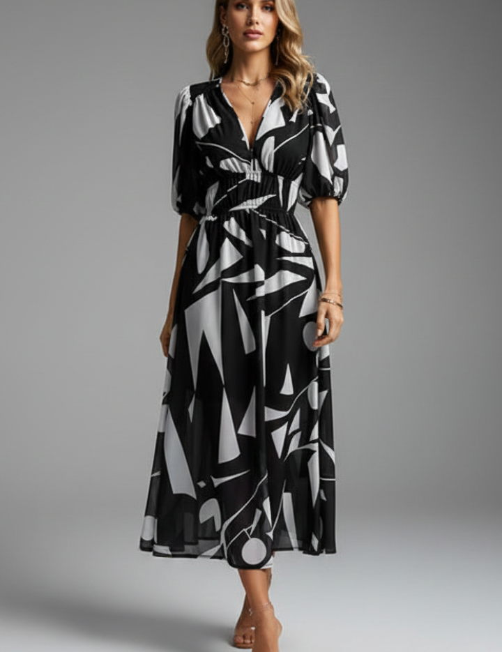 Camille Devereux | Floral Print Midi Dress with Puff Sleeves For Women
