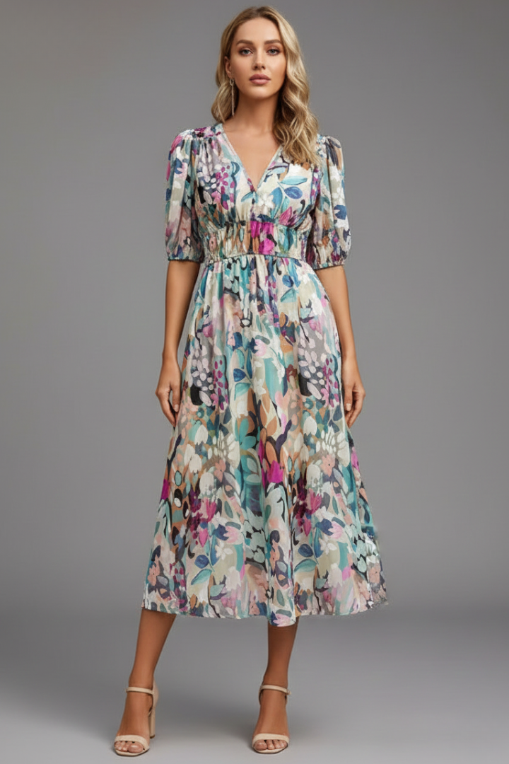 Camille Devereux | Floral Print Midi Dress with Puff Sleeves For Women