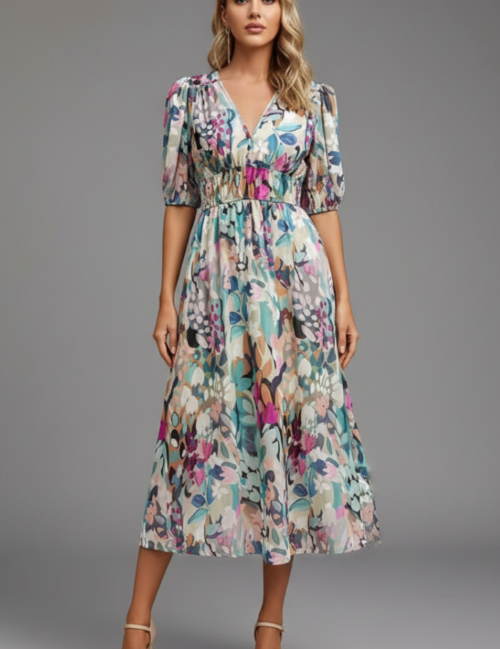Camille Devereux | Floral Print Midi Dress with Puff Sleeves For Women
