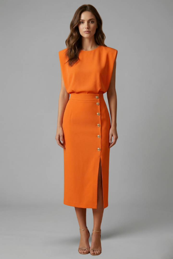 Natasha Velmonde | Gold Button Midi Dress For Women
