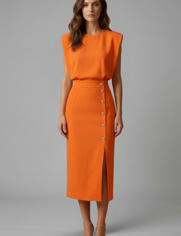 Natasha Velmonde | Gold Button Midi Dress For Women