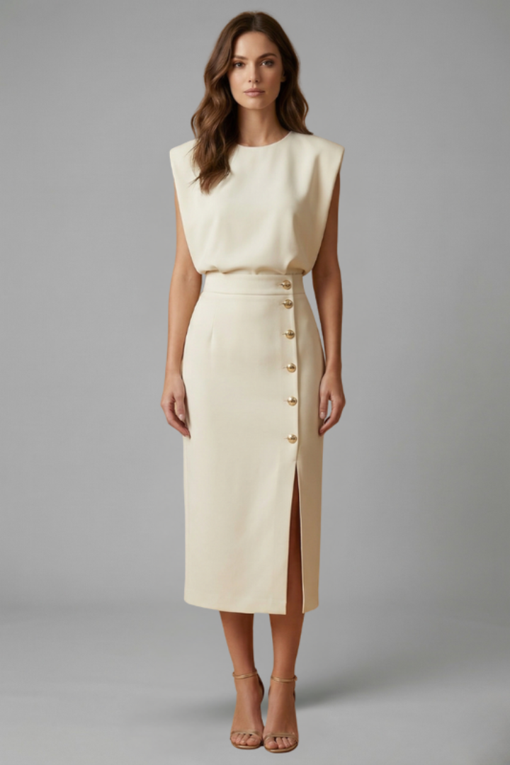 Natasha Velmonde | Gold Button Midi Dress For Women