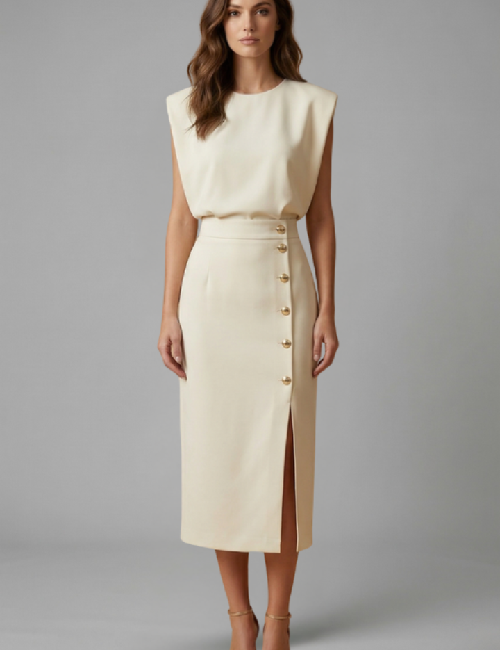 Natasha Velmonde | Gold Button Midi Dress For Women
