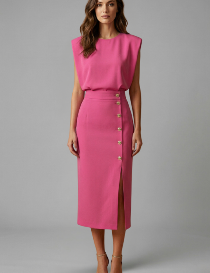 Natasha Velmonde | Gold Button Midi Dress For Women