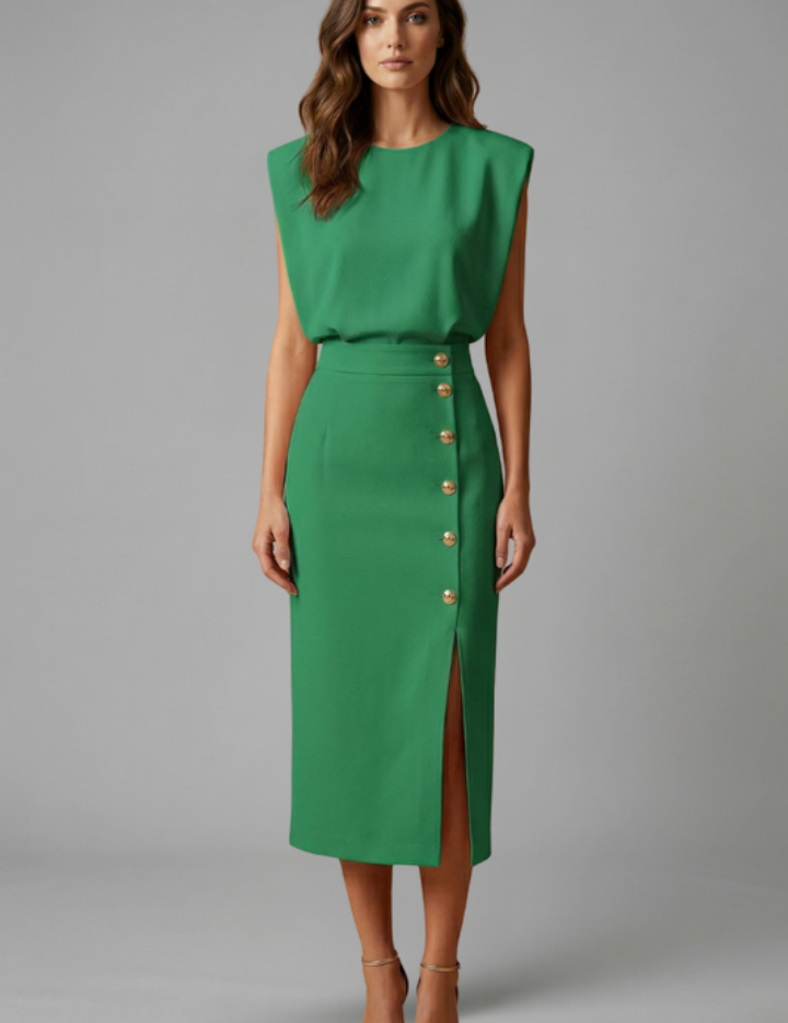 Natasha Velmonde | Gold Button Midi Dress For Women