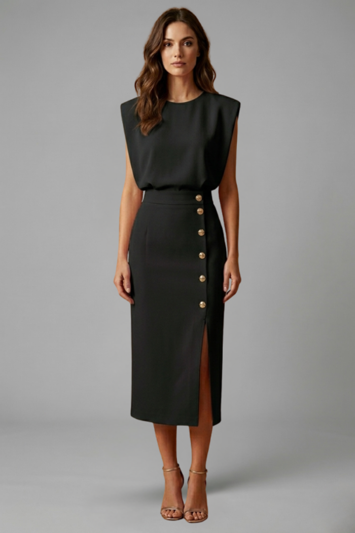 Natasha Velmonde | Gold Button Midi Dress For Women