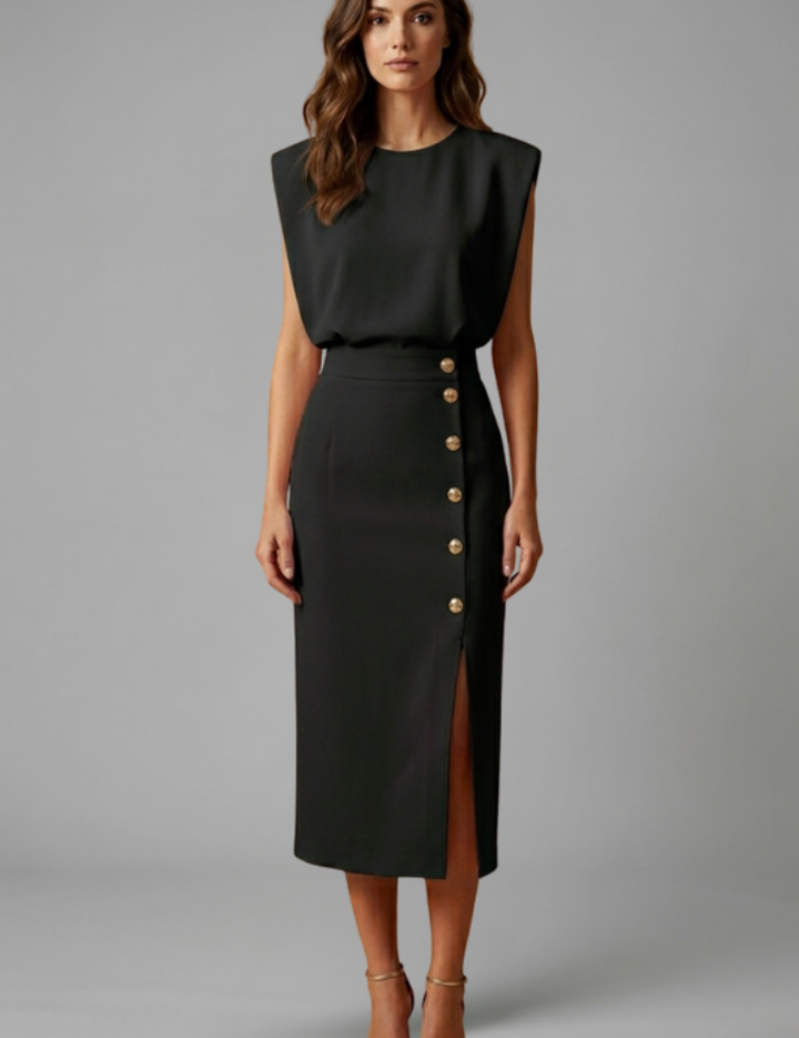 Natasha Velmonde | Gold Button Midi Dress For Women