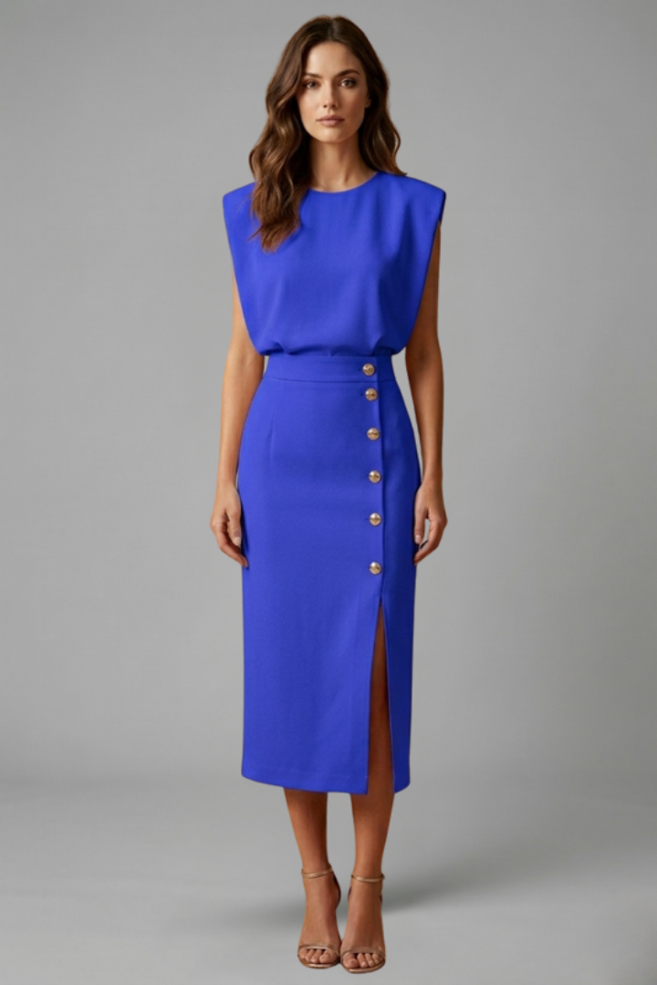 Natasha Velmonde | Gold Button Midi Dress For Women