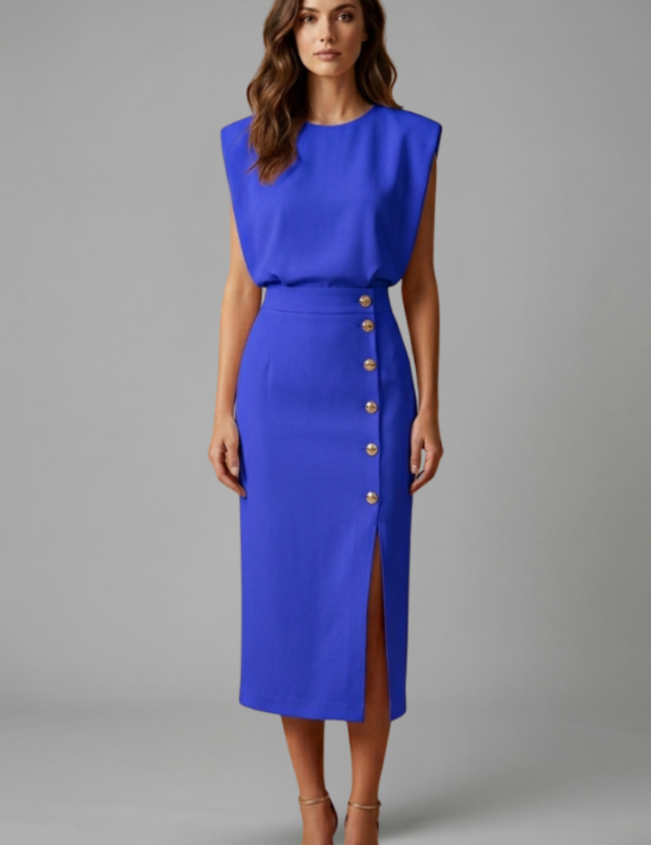 Natasha Velmonde | Gold Button Midi Dress For Women