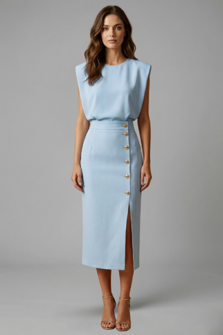 Natasha Velmonde | Gold Button Midi Dress For Women