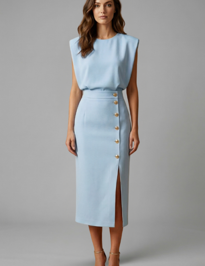 Natasha Velmonde | Gold Button Midi Dress For Women