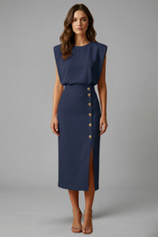 Natasha Velmonde | Gold Button Midi Dress For Women