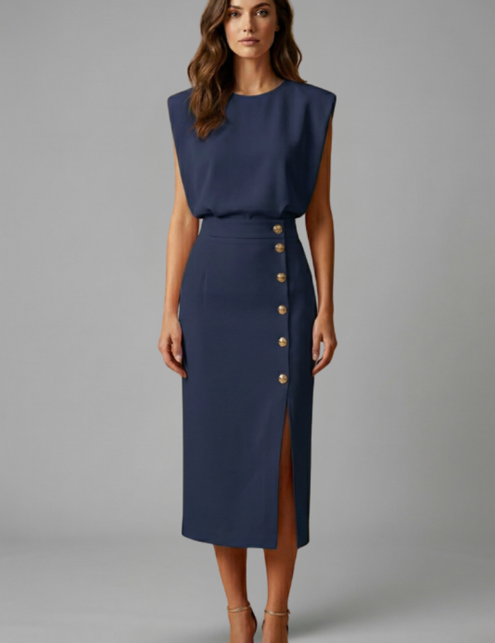 Natasha Velmonde | Gold Button Midi Dress For Women