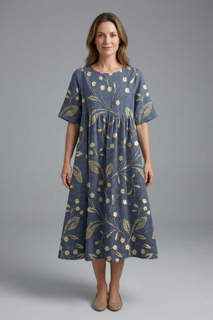 Harriet Wyndmere | Gold Embroidered Floral Midi Dress For Women