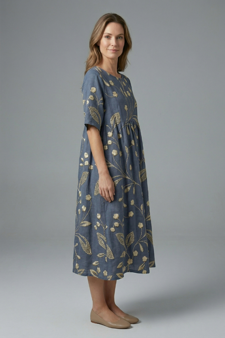 Harriet Wyndmere | Gold Embroidered Floral Midi Dress For Women